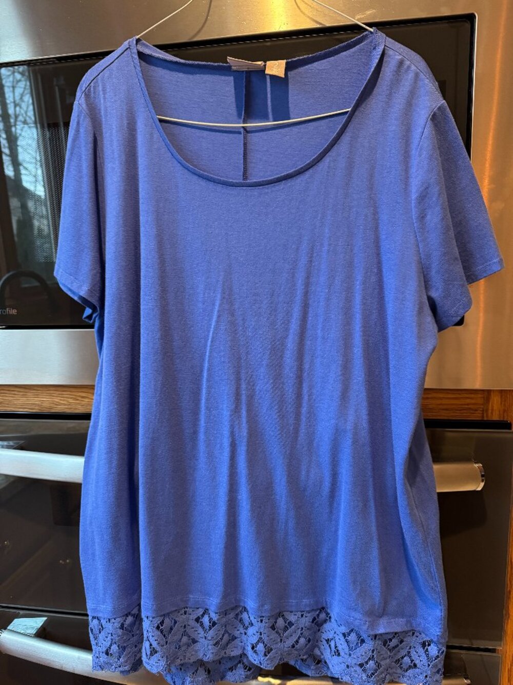 Chico's Tunic Pullover Top Short Sleeves Lace Trim Blue 2/L